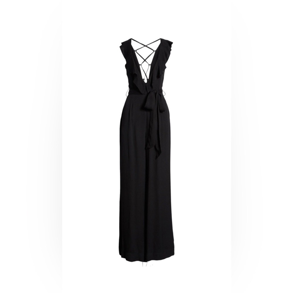NWT AFRM Frill Front Evelyn Black Toe Back Jumpsuit Romper Wide Leg